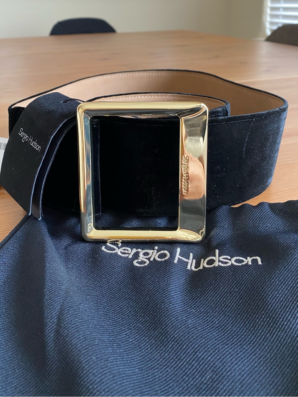 Sergio Hudson Wide Leather Black Velvet Belt with Gold Square Buckle